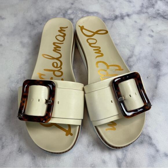 Sam Edelman Ariane Ivory Leather Slide Sandals Tortoise Buckle Sz 9 - Picture 4 of 11